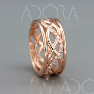 14k Rose Gold Celtic Ring set with Diamonds | Handmade solid 14k/18k rose gold Celtic wedding band set with 44 brilliant cut tiny diamonds