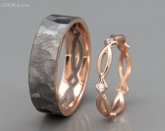 His and Hers Celtic Wedding Band Set | Rose Gold Celtic Wedding Ring Set with Diamonds | Black Rhodium Rose Gold Eternity Wedding Rings