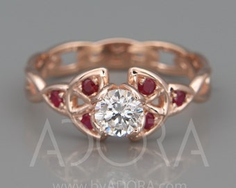 Lab Created Diamond Trinity Knot Engagement Ring | 14k rose gold Triquetra engagement ring set with lab grown diamond and natural rubies