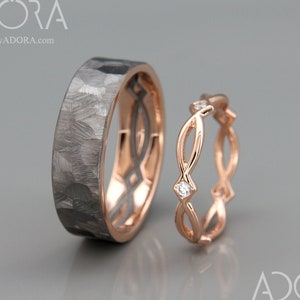 His and Hers Celtic Wedding Band Set | Rose Gold Celtic Wedding Ring Set with Diamonds | Black Rhodium Rose Gold Eternity Wedding Rings