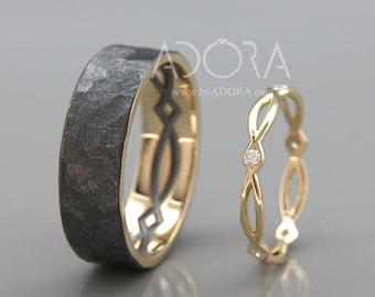 His and Hers Celtic Wedding Ring Set | 14k Gold Wedding Band Set with Diamonds | His and Hers Wedding Band Set | Black Rose Gold Ring