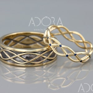 Handgemachte Ehering Set für Sie und Ihn | 14k Gold Ehering mit Schwarzen Diamanten | Seine und Ihre Eheringe Set | Schwarz Gold Ring