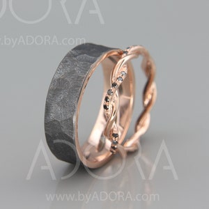 14K Rose Gold Braided Wedding Rings Set With Black Diamonds - His And Hers Braided Wedding Band Set - Engagement Bridal Set - Mr And Mrs