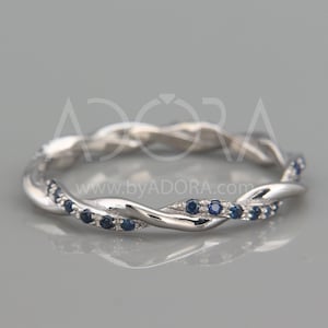 Handmade 14K White Gold Braided Woman Wedding Ring Set with Blue Sapphire | Hers White Gold Braided Wedding Band Set with Blue Sapphires