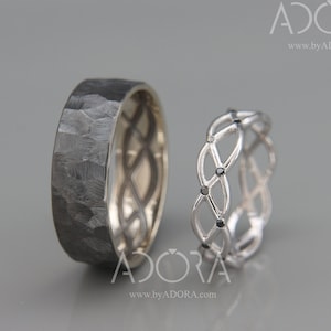 14K White Gold Black Diamond Wedding Band Set for His and Hers