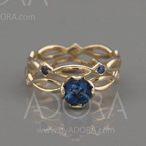 Handmade 14k Gold Blue Sapphire Bridal Ring Set | 14k Gold Wedding Bridal Band Set with Natural Blue Sapphire and diamonds