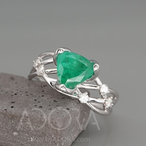 Handmade Celtic Trillion Emerald Engagement Ring | 14k Gold Celtic engagement ring set with a trillion cut emerald and diamonds