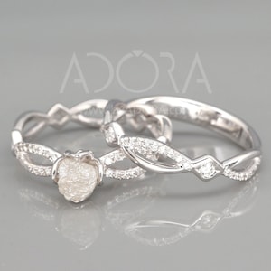 Uncut White Diamond Bridal Rings Set | 14k White Gold Ring set with natural rough white diamond | Raw Diamond Celtic bridal rings set