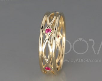 Handmade 14k Gold Eternity Wedding Ring set with Ruby | Handmade solid gold Celtic wedding band set with brilliant cut Ruby gems