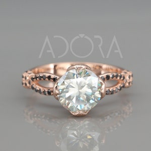 14K Rose Gold Light Blue Moissanite and Diamonds Engagement Ring in Royalty style | Unique Engagement Ring set with Moissanite and Diamonds