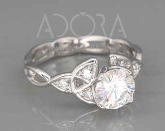 Celtic Engagement Ring - Celtic Trinity Knot Ring - Solid 14k White Gold Ring - Moissanite Diamonds Ring For Her - Anniversary Engagement
