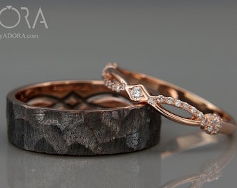 Handmade 14K Rose Gold Wedding Rings Set in Royalty style | 14k Rose Gold His and Hers Wedding Bands set with diamonds