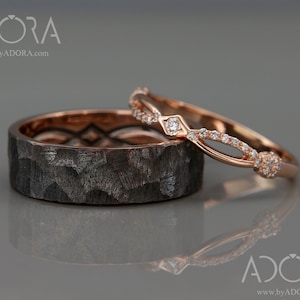 Handmade 14K Rose Gold Wedding Rings Set With Diamonds - Black Rhodium Wedding Bands Set - Matching Couple Engagement Rings Set - byADORA