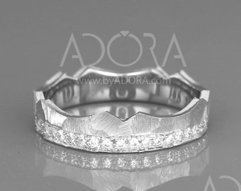 14K White Gold Women Textured Wedding Ring in Crown style set with Diamonds. Handmade Wedding Hammered Faceted Band. 4mm 5mm 6mm 7mm