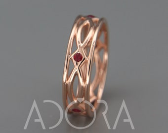 Handmade 14k Rose Gold Eternity Wedding Ring set with Ruby | Handmade solid rose gold Celtic wedding band set with brilliant cut Ruby gems