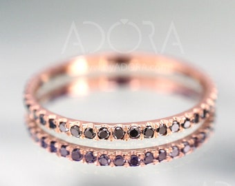 Handmade Thin Black Diamond Wedding Ring | 14k rose gold eternity wedding ring set with black diamonds