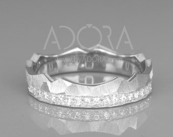 14K White Gold Women Non Traditional Wedding Band in Crown style set with Diamonds. Handmade Nontraditional Wedding Hammered Faceted Band