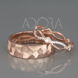 His and Hers Celtic Wedding Ring Set | 14k Rose Gold Wedding Band Set with Diamonds | His and Hers Wedding Band Set | Black Gold Ring