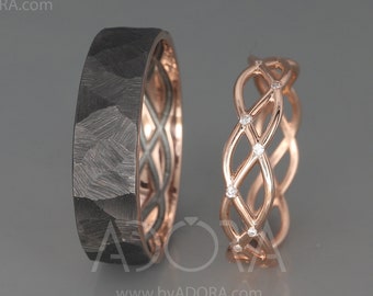 Handmade His and Hers Eternity Wedding Ring Set | 14k Rose Gold Wedding Band set with Diamonds | 14k Rose Gold Black Rhodium Ring