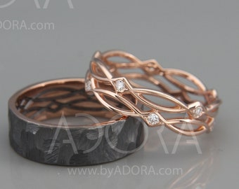 14K Rose Gold Eternity Wedding Rings set with Diamonds| Handmade 14k rose gold eternity wedding Rings| His and Hers Wedding Bands Set