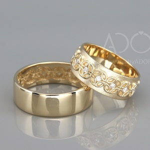 Handmade 14K Gold Celtic Flower Wedding Rings Set with Diamonds | His and Hers 14k Gold Celtic flower Wedding Bands Set with Diamonds