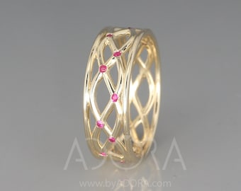 14k Gold Celtic Wedding Ring set with Ruby - Handmade 14k Gold Celtic Ruby Wedding Ring