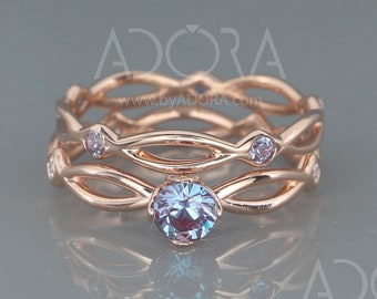 Handmade 14K Rose Gold Celtic Bridal Rings Set with Lab Alexandrite and Diamonds | Women Bridal rings set with Alexandrite and diamonds