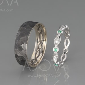 14K White Gold Celtic Wedding Rings set with Diamonds and Emeralds | 14k white gold His and Hers Celtic Wedding Bands Set