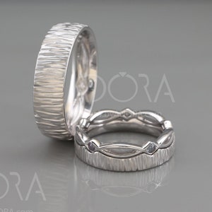 Handmade His and Hers Celtic Wedding Ring Set | 14k White Gold Wedding Band Set with Lab Alexandrite | His and Hers Wedding Band Set