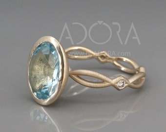 14k Noble Champagne Gold Engagement Ring Set with Natural Aquamarine and Diamonds | Aquamarine Engagement Ring with Diamonds