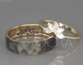 Handmade Marquise Diamond Wedding Bands Set |  14K Gold His and Hers Wedding Rings Set | Marquise Diamond Ring | Black Rhodium Gold Band