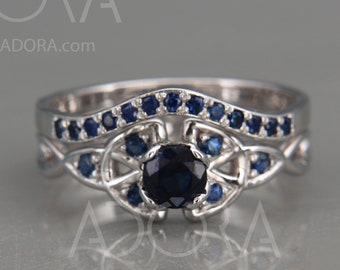Handmade Trinity Knot Blue Sapphire Bridal Rings Set | 14k White Gold Engagement and Wedding Triquetra Rings set with natural Blue Sapphrie