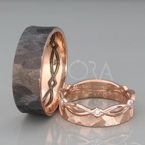 Rose Gold Wedding Bands Set - Solid 14k Gold Rings Set With Diamonds - Matching Celtic Wedding Rings - His And Hers Norse Wedding Bands