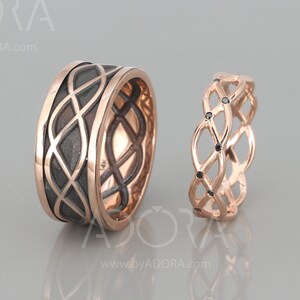 Celtic Wedding Rings Set - 14K Rose Gold His And Hers Bands With Black Diamonds - Handmade Wedding Matching Ring Set - Symbolic Jewelry
