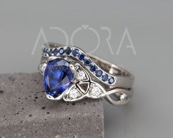 Zestaw obrączek ślubnych Trinity Knot Pear Blue Sapphire, 14-karatowe białe złoto, celtycki zestaw Triquetra, obrączka zaręczynowa i ślubna z naturalnym niebieskim szafirem