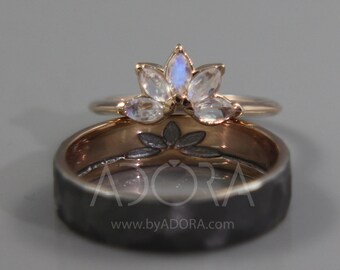 Handmade Marquise Moonstone Wedding Bands Set |  14K Rose Gold His and Hers Wedding Rings Set | Moonstone Wedding Rings set