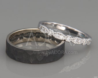 14K White Gold Celtic Wedding Rings set with Diamonds| Handmade 14k white gold eternity wedding Rings | His and Hers Celtic Wedding Band Set