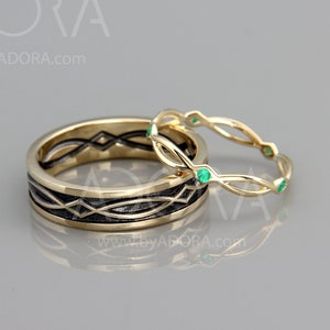 Celtic Wedding Ring Sets His And Hers - Emerald Wedding Ring Set - 14 Solid Gold Norse Band Set - Viking Wedding Jewelry Matching Bands