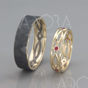 Handmade 14k Black Gold Eternity Wedding Rings set with Ruby | Handmade Celtic wedding bands set | His and Hers Rings Set Rough Faceted