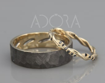 Handmade 14K Gold Braided Wedding Rings set with Black Diamonds | 14k black gold Braided wedding Rings | His and Hers Braided Wedding Bands
