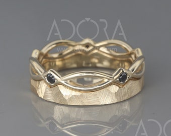 Conjunto de anillos nupciales celtas hechos a mano / conjunto de banda nupcial de oro de 14k con dimoands negros / conjunto de anillos nupciales de diamantes negros