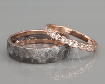 14K Rose Gold Celtic Wedding Rings set with Diamonds| Handmade 14k rose gold eternity wedding Rings | His and Hers Celtic Wedding Band