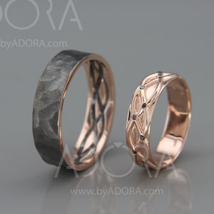 Handmade His and Hers Celtic Wedding Ring Set | 14k Rose Gold Wedding Band set with Black Diamonds | Eternity Wedding Ring