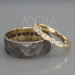 Handmade 14K Gold Celtic Wedding Rings set with Alexandrite and Diamonds | Alexandrite Diamond Celtic Wedding Band set