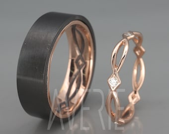 Handmade Black Zirconium & 14k Rose Gold Wedding Bands set with Hers with Diamonds and His with Matte finish  | Black Wedding rings set