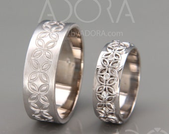 14K White Gold Celtic Flower Wedding Rings Set with Diamonds | His and Hers White Gold Celtic flower Wedding Bands Set with Diamonds