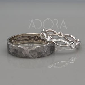 His and Hers Celtic Wedding Band Set In 14k White Gold byADORA - Unique Wedding Ring Set With Diamonds - Black Rhodium Wedding Rings