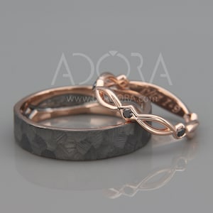 Wedding Ring Sets His and Hers in Solid 14k Rose Gold byADORA - Celtic Wedding Band Set With Black Diamonds - Eternity Promise Couple Rings