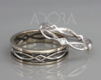 14k White Gold His And Hers Celtic Wedding Bands Set - Celtic Wedding Rings Set - Black White Gold Ring With Diamonds - Unique Wedding Band