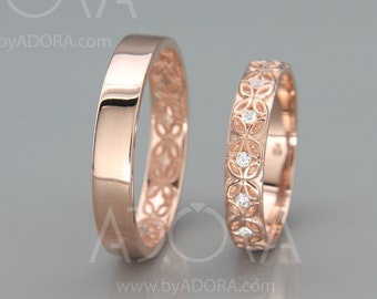 Handgemachte 14K Rose Gold Keltische Blumen Eheringe Set mit Diamanten | His and Hers Rose Gold Keltische Blumen Eheringe mit Diamanten besetzt